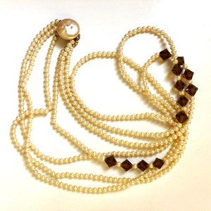 Gleaming faux pearl and smoky topaz vintage necklace signed Japan